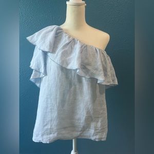 Vineyard Vines Blue Linen One Shoulder Ruffle Detail Top NWT Size M